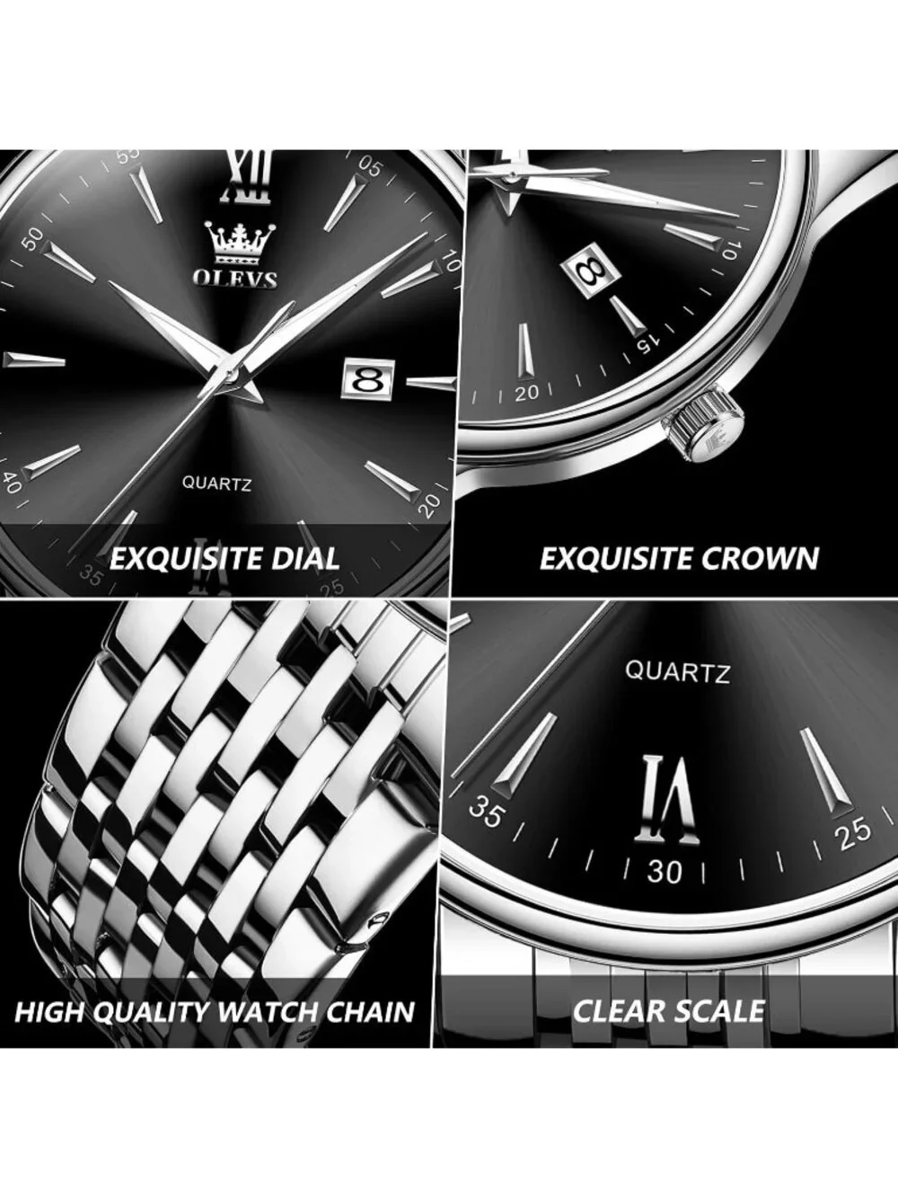 Men's Black Silver Stainless Steel Band Waterproof Roman Numbers Classic Watch